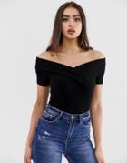 Asos Design Off Shoulder Fitted Top In Black - Black