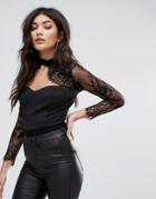 Lipsy Choker Neck Top With Lace Sleeves - Black