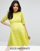 Asos Maternity Skater Dress In Lace - Yellow