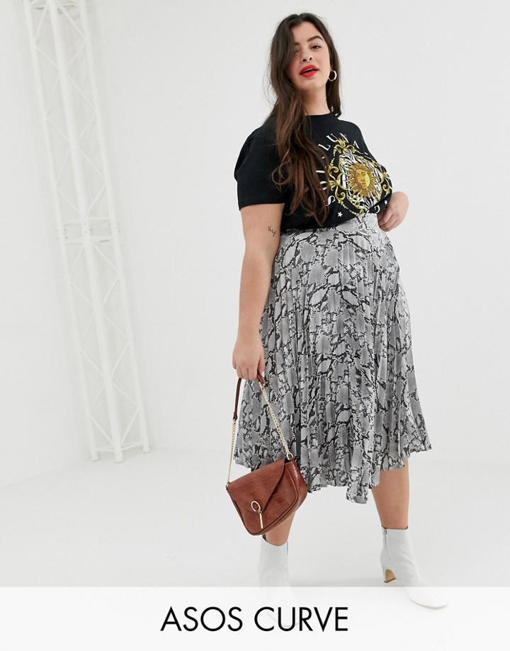 New Look Curve Pleated Satin Midi Skirt In Gray Snake Print - Gray