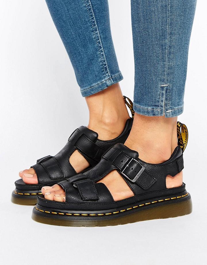 Dr Martens Hayden Grunge Black Leather T-bar Flat Sandals - Black