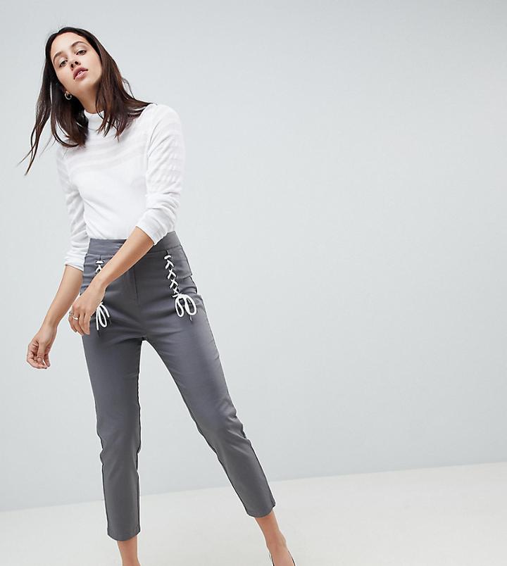 Asos Design Cigarette Pants With Lace Up Front-gray