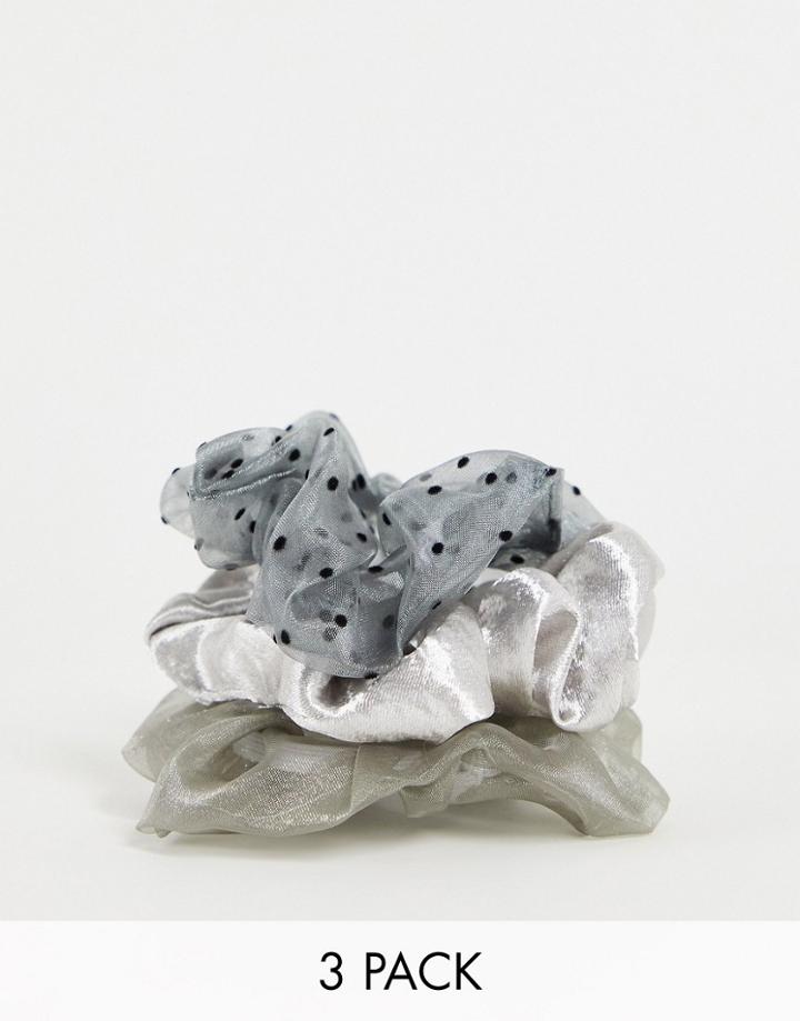 Topshop Organza 3 X Multipack Hair Scrunchies In Silver Mix