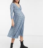 Asos Design Maternity Long Sleeve Pleated Midi Wrap Dress In Dusty Blue Spot Print-blues