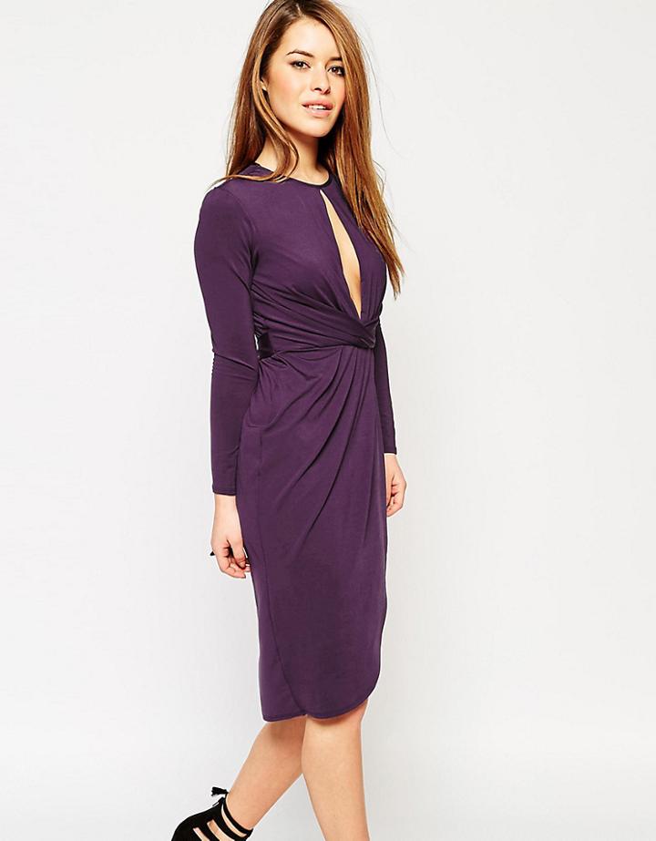 Asos Petite Slinky Deep V Plunge Midi Pencil Dress - Red