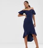 John Zack Tall Off Shoulder Puff Sleeve Dipped Hem Midi Dress In Navy - Blue