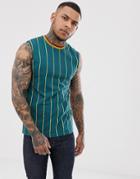 Asos Design Tank Tank In Vertical Stripe With Tipped Neck Rib - Green