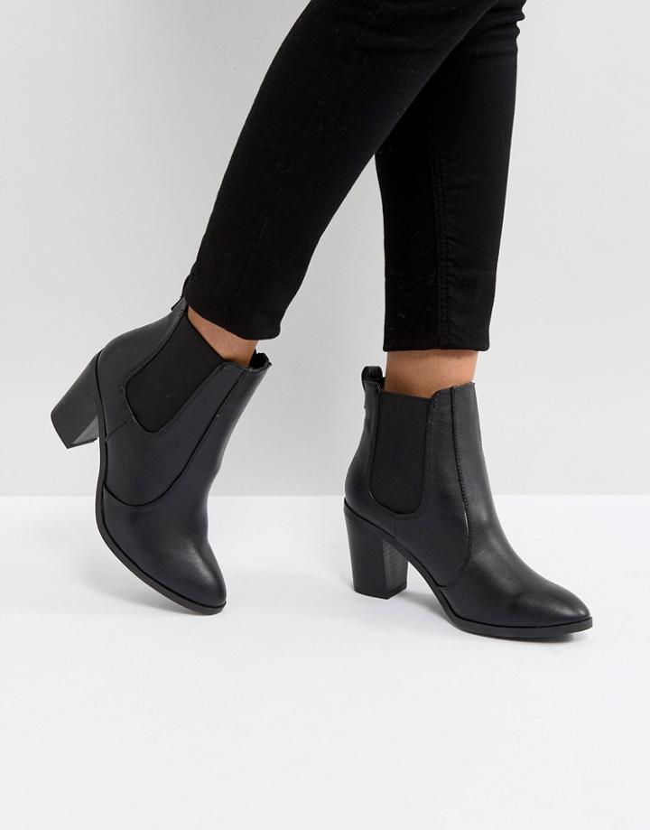 New Look Pointed Leather Look Heeled Ankle Boot - Black