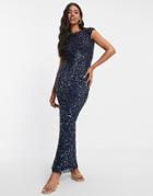 Lace & Beads Embellished Maxi Dress In Navy