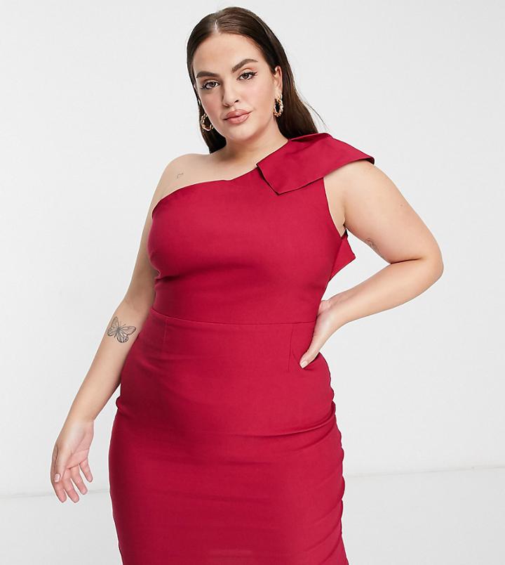 Vesper Plus One Shoulder Cap Sleeve Pencil Dress In Deep Raspberry-red