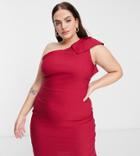 Vesper Plus One Shoulder Cap Sleeve Pencil Dress In Deep Raspberry-red