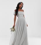 Maya Tall Bridesmaid Bardot Maxi Tulle Dress With Tonal Delicate Sequins In Soft Gray - Gray