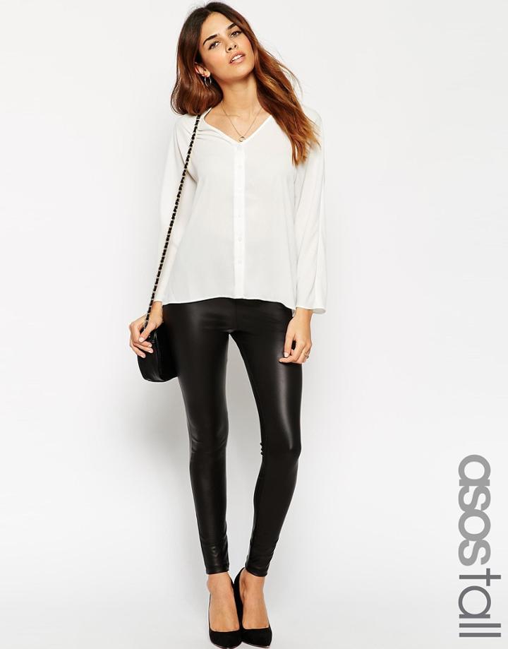 Asos Tall Leather Look Leggings With Elastic Slim Waist - Black