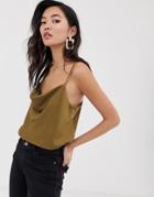 River Island Cami Top With Cowl Neck In Khaki-green
