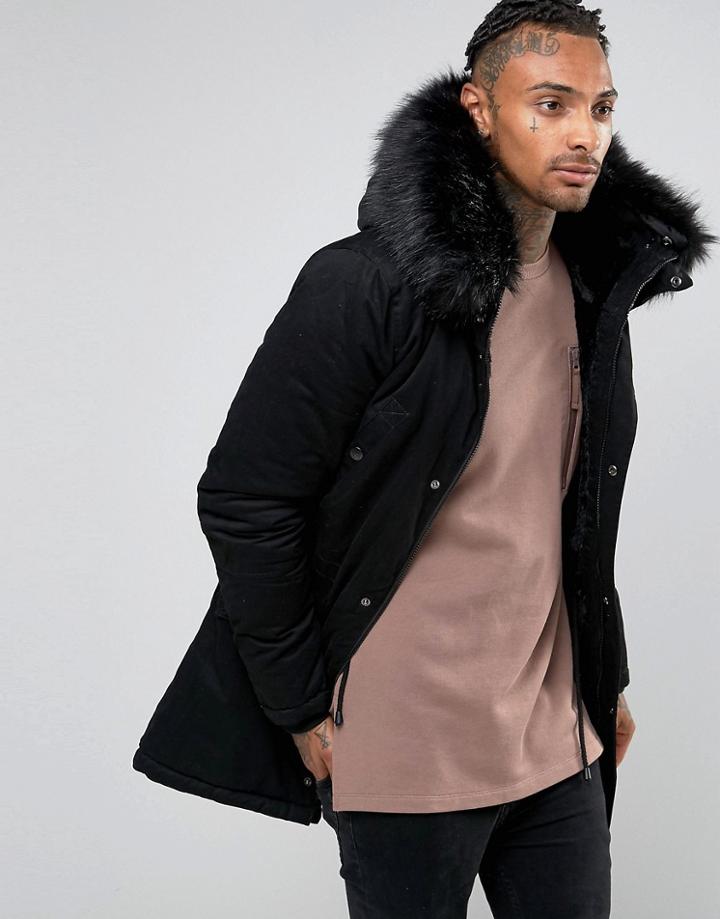 Sixth June Parka With Faux Fur Hood - Black