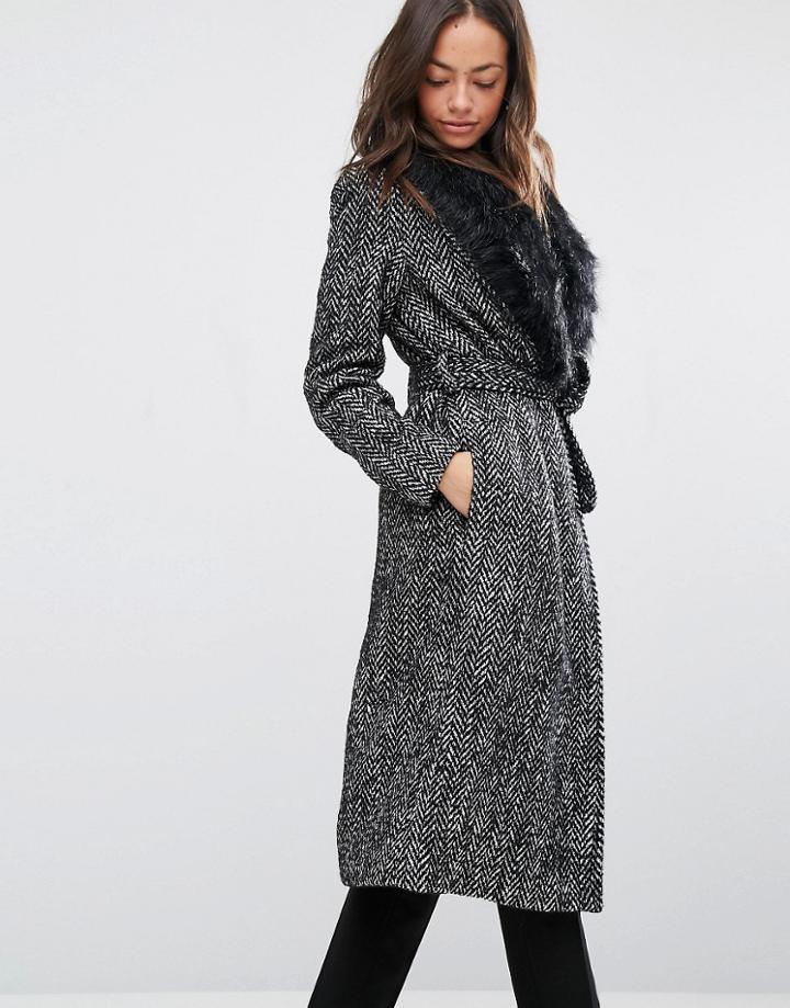 New Look Waterfall Belted Faux Fur Coat - Black