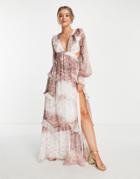 Asos Design Tiered Maxi Dress With Lattice Back Detail In Blush Patchwork Print-multi