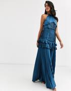 True Decadence Halterneck Tiered Maxi Dress With Panel And Ruffle Detail In Midnight Navy - Navy