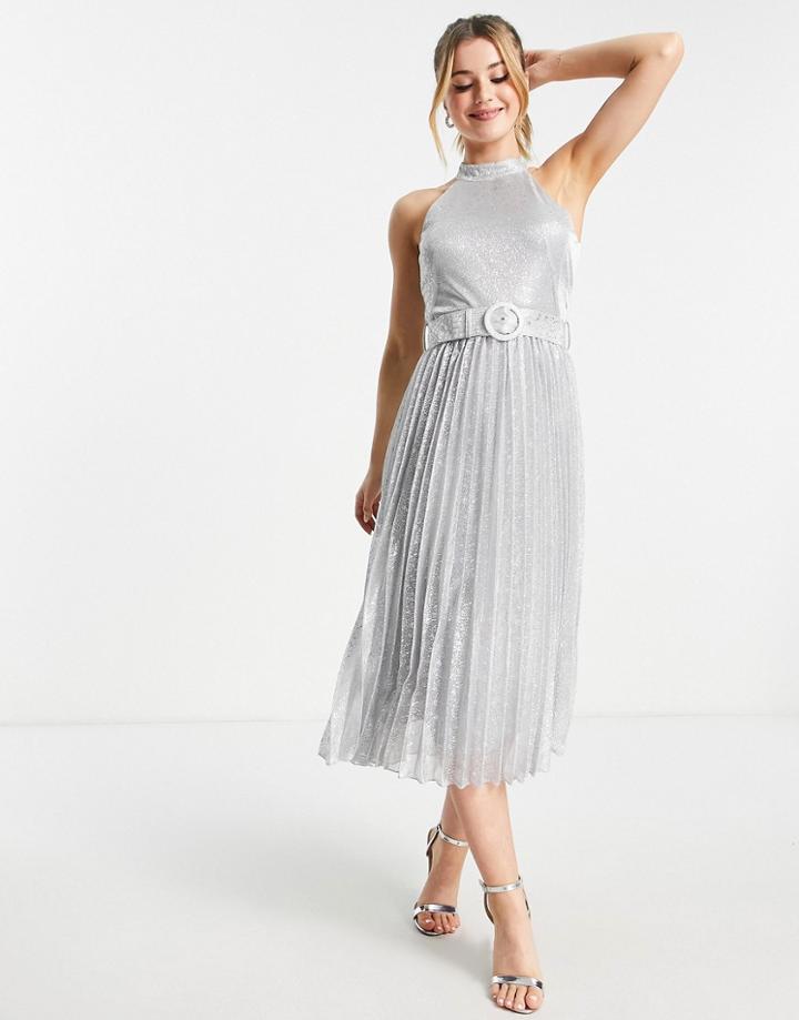 Style Cheat Metallic Belted Pleat Midi Dress In Gray