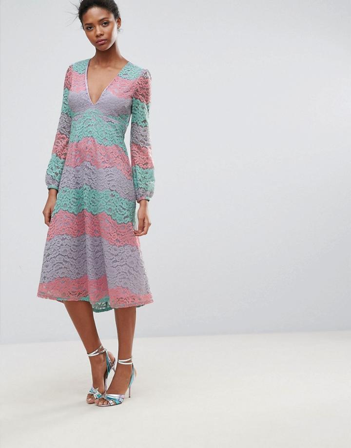 Traffic People Long Sleeve High Neck Lace Maxi Dress - Pink