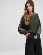 Wal G Batwing Sweater With Contrast Sleeve Stitch - Green