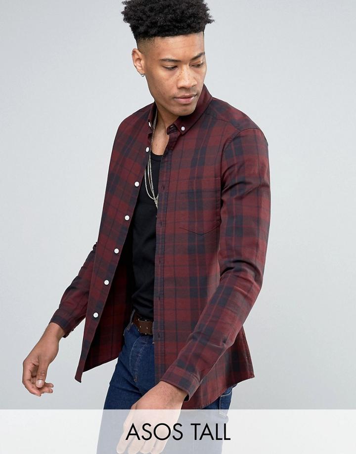 Asos Tall Slim Check Shirt In Burgundy - Red