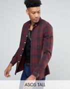 Asos Tall Slim Check Shirt In Burgundy - Red