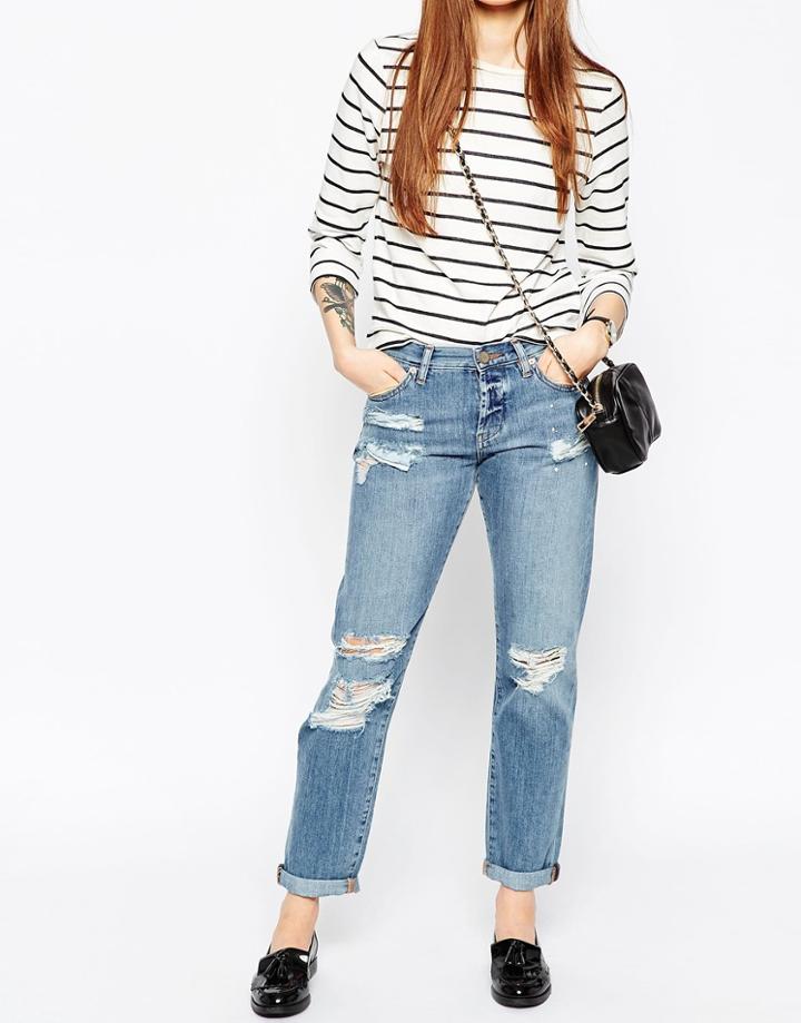 Asos Brady Slim Boyfriend Jeans In Avaline Mid Wash With Paint Effect - Midwash
