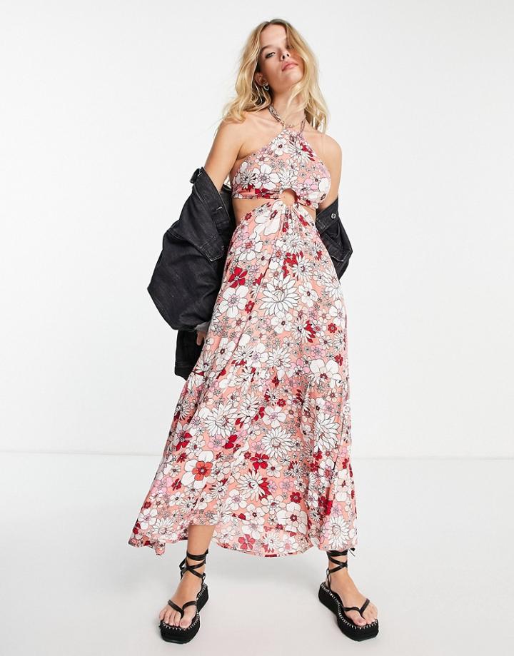 Violet Romance Halter Neck Cut Out Side Maxi Trapeze Dress In Patchwork Print-multi