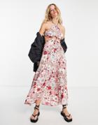 Violet Romance Halter Neck Cut Out Side Maxi Trapeze Dress In Patchwork Print-multi