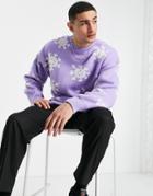 Topman Oversized Knitted Snowflake Sweater In Lilac-purple