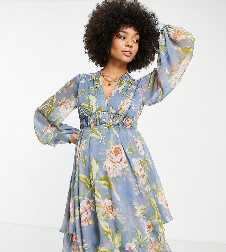 Asos Design Maternity Pearl Embellished Mini Dress With Ruching Detail In Floral Print-multi