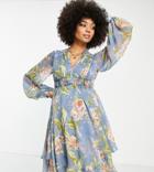 Asos Design Maternity Pearl Embellished Mini Dress With Ruching Detail In Floral Print-multi