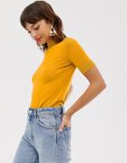 River Island Knitted T-shirt With Button Detail In Ochre-yellow