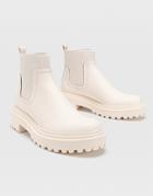 Stradivarius Flat Chelsea Boot With Rubber Sole In Ecru-white
