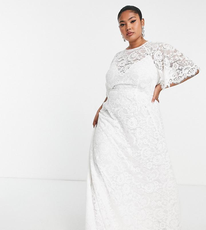 Asos Edition Curve Olivia Lace Flutter Sleeve Wedding Dress-white