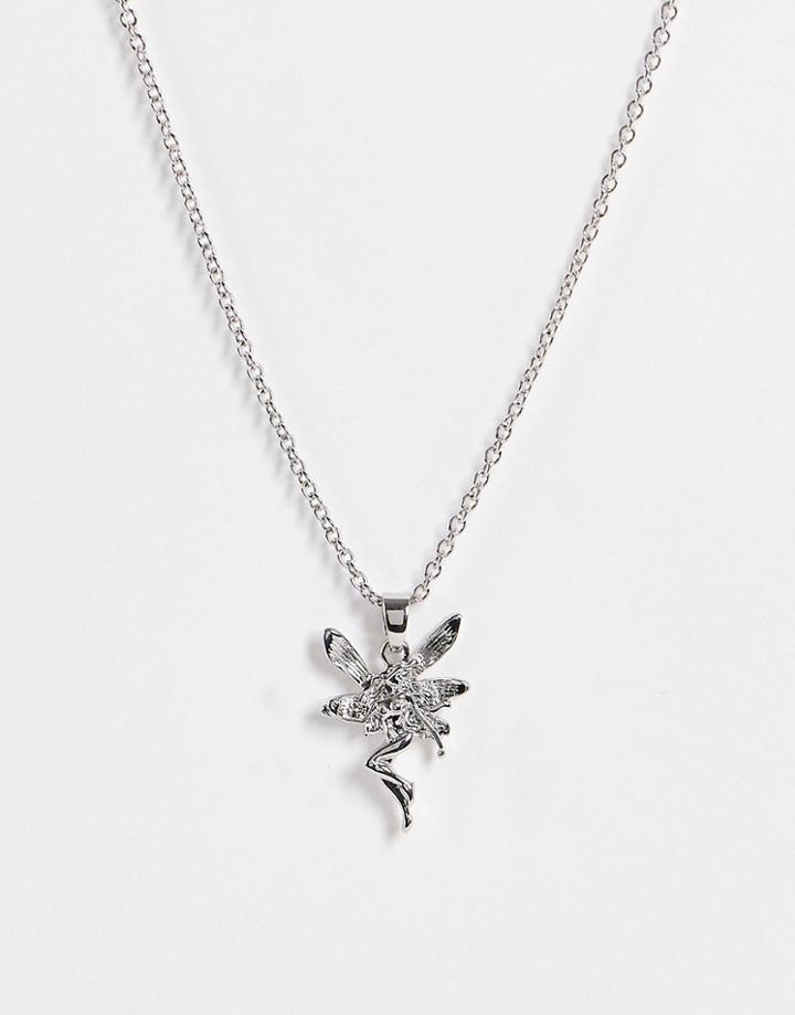 Asos Design Necklace With Fairy Pendant In Silver Tone