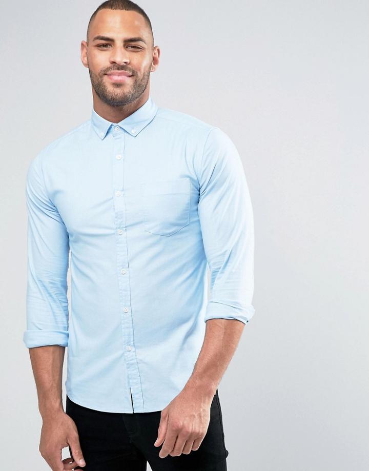 Asos Skinny Oxford Shirt In Long Sleeves - Blue