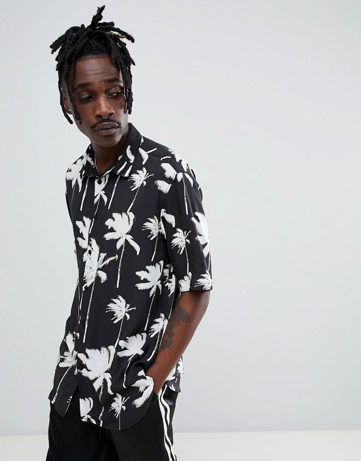 Bershka Short Sleeved Shirt In Black With Palm Trees - Black