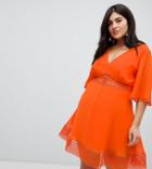 Asos Design Curve Mini Tea Dress With Lace Inserts And Button Front Detail - Orange