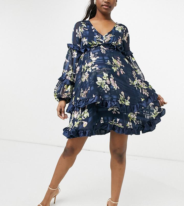 Asos Design Maternity Floral Printed Mini Dress With Satin Trim Detail In Blue-multi
