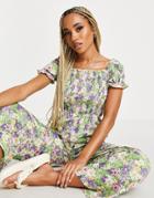 Qed London Square Neck Wide Leg Jumpsuit In Floral Print-green