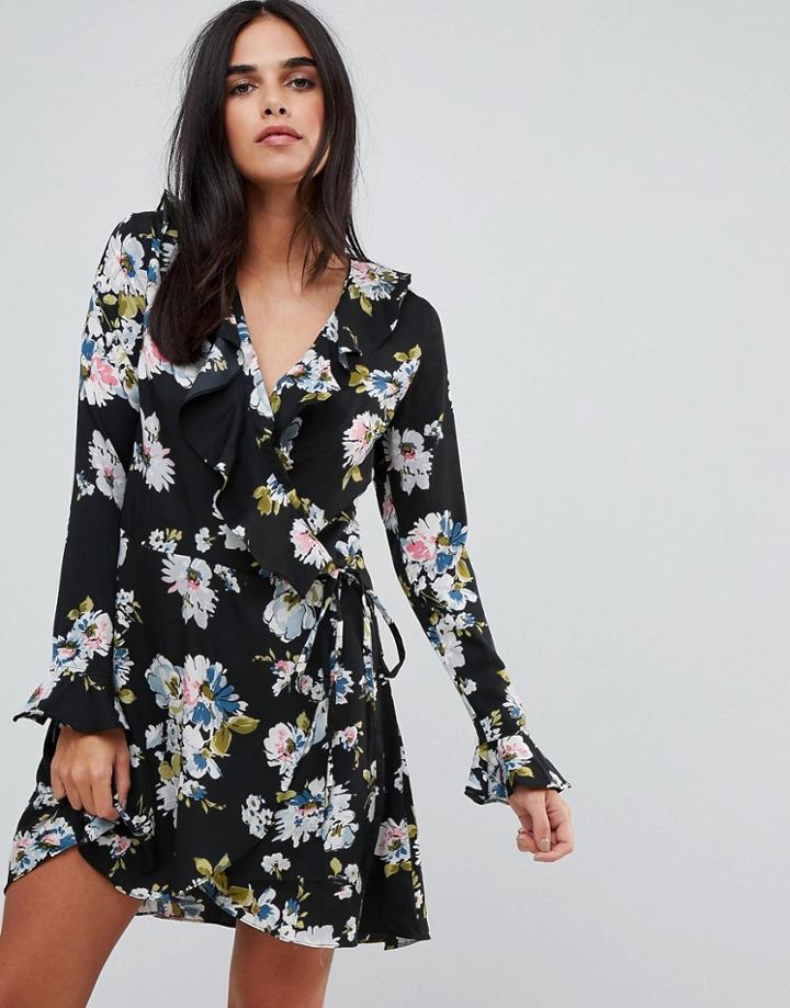 Liquorish Floral Print Wrap Ruffle Dress-black