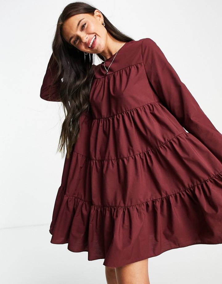 Asos Design Cotton Poplin Tiered Long Sleeve Mini Smock Dress In Oxblood