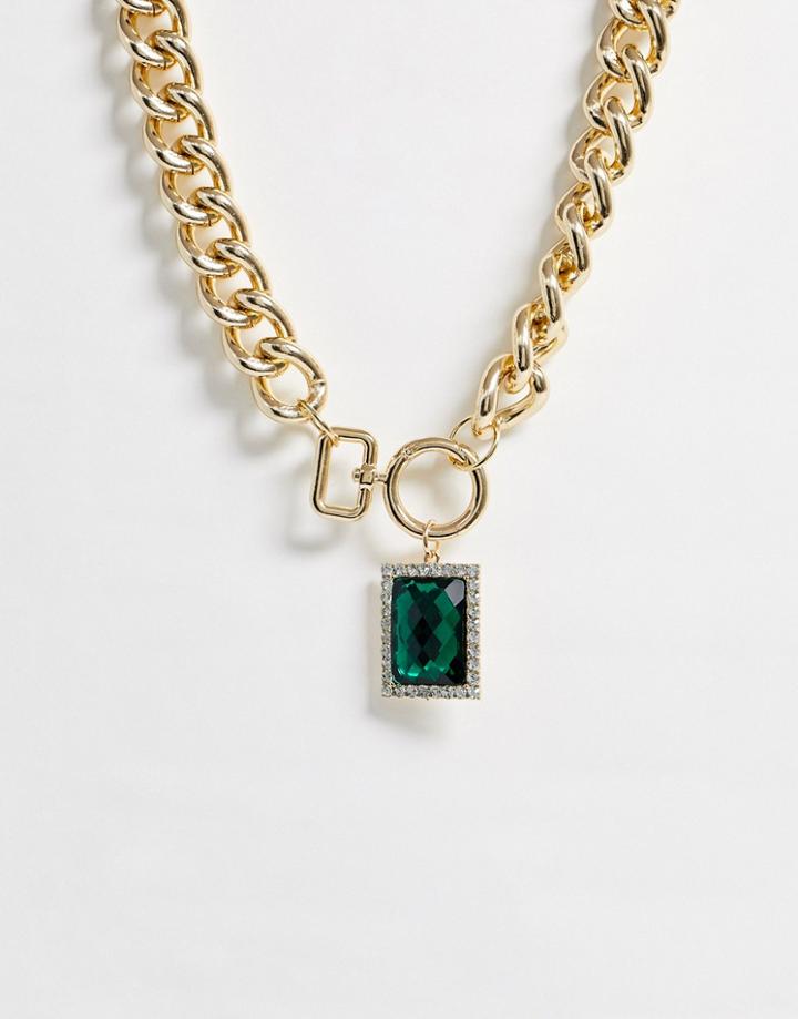 Asos Design Necklace In Hardware Chain With Jewel Pendant In Gold Tone