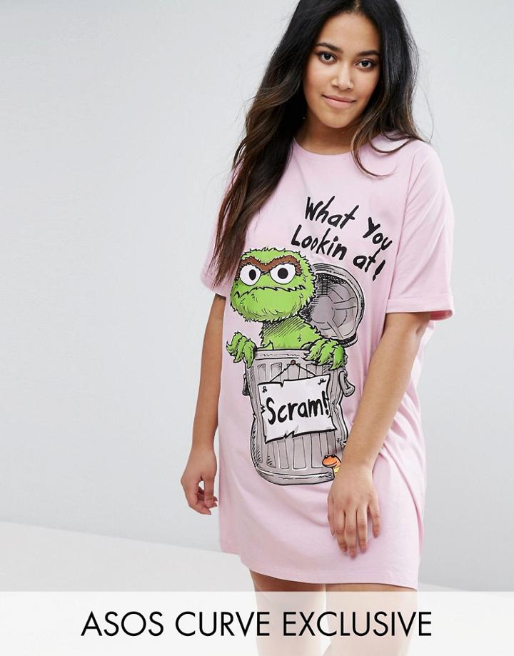 Asos Curve Sesame Street Oscar The Grouch Sleep Tee - Pink