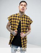 Sixth June Oversized Sleeveless Shirt In Distressed Flannel - Yellow