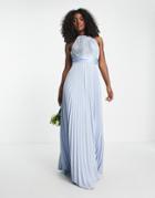 Asos Design Bridesmaid Pleated Pinny Maxi Dress With Satin Wrap Waist In Blue