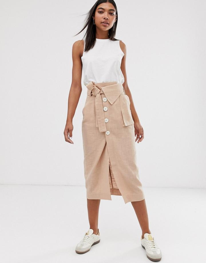 Asos Design Casual Button Front Column Midi Skirt With Tie - Multi