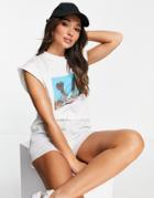 Asos Design Oversized T-shirt With Roll Sleeve And Palm Print In Ecru-white
